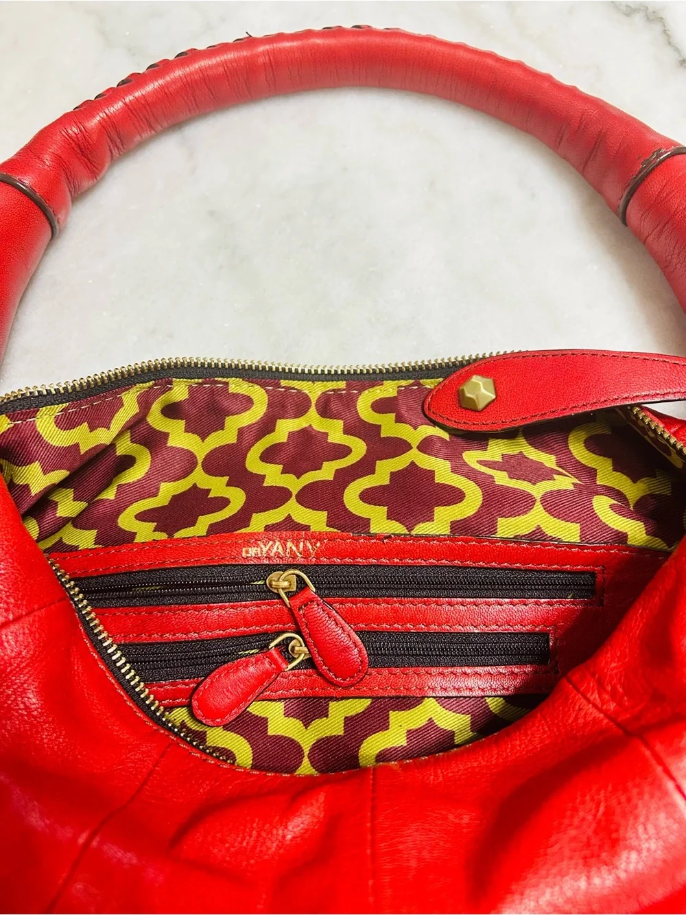 Oryany Red Fringe Leather Hobo Bag